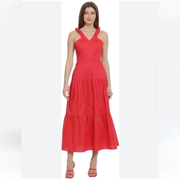 Maggy London Women's Ruffle V-Neck Halter Tiered Maxi Vacation Resort Event 6 - Picture 3 of 15